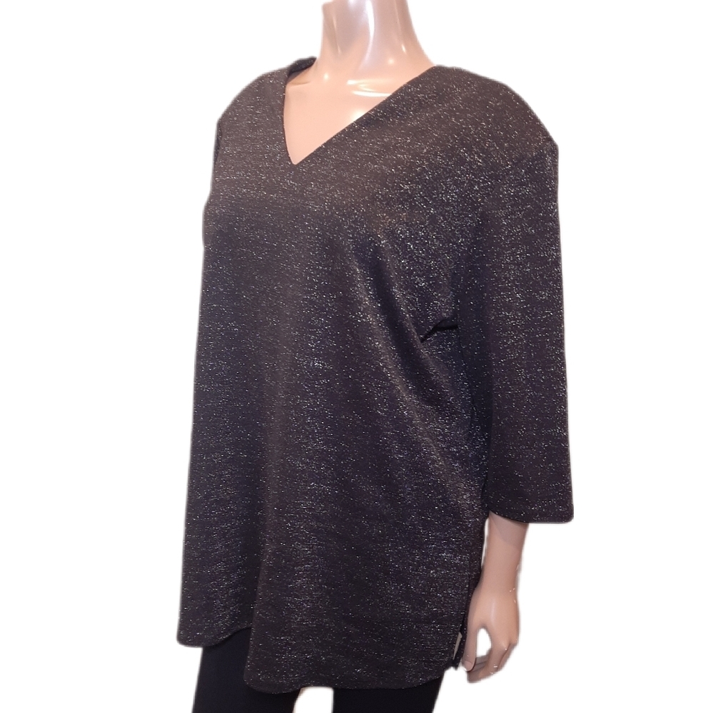 Vintage Addition Elle Metallic Tunic Top Black Vneck Cropped Sleeve Plus Size 2X
